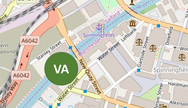 Map showing the location of the Victoria and Albert Warehouses